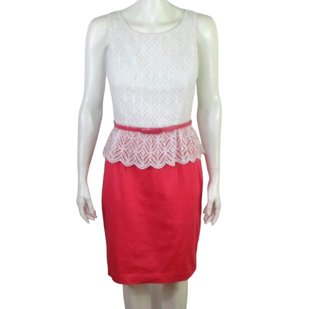Suzi Chin for Maggy Boutique Sleeveless White Lace Pink Peplum Sheath Dress